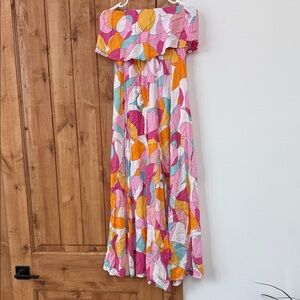 Colorful Off-Shoulder Maxi Dress — Pink, Orange, Teal